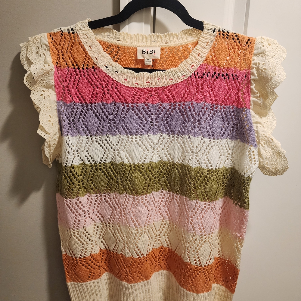 Colorful Striped Knit Top with Ruffle Sleeves